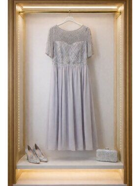 Adrianna Papell Grey Beaded Mesh Chiffon Gown Size 16 Formal Mother Of Bride